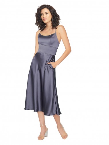 Beste A-Linien Scoop Midi Seidiger Satin Kurze Brautjungfernkleider / Abiballkleider / Cocktailkleider / Heimkehr Kleider