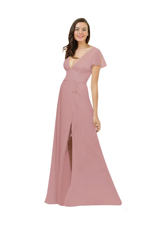 Beste Altrosa A-Linien V-Ausschnitt Chiffon Lange Brautjungfernkleider
