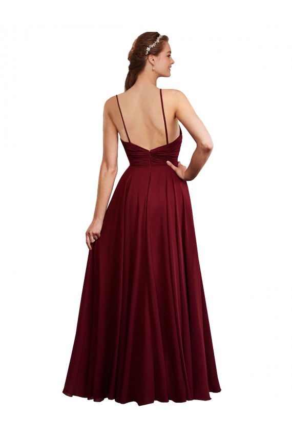 Beste Burgunderrot A-Linien Spaghetti-Träger Neckholder Chiffon Lange Brautjungfernkleider