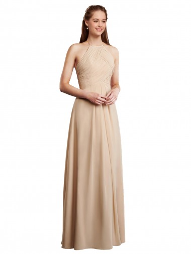 Beste Champagner A-Linien Neckholder Chiffon Lange Brautjungfernkleider