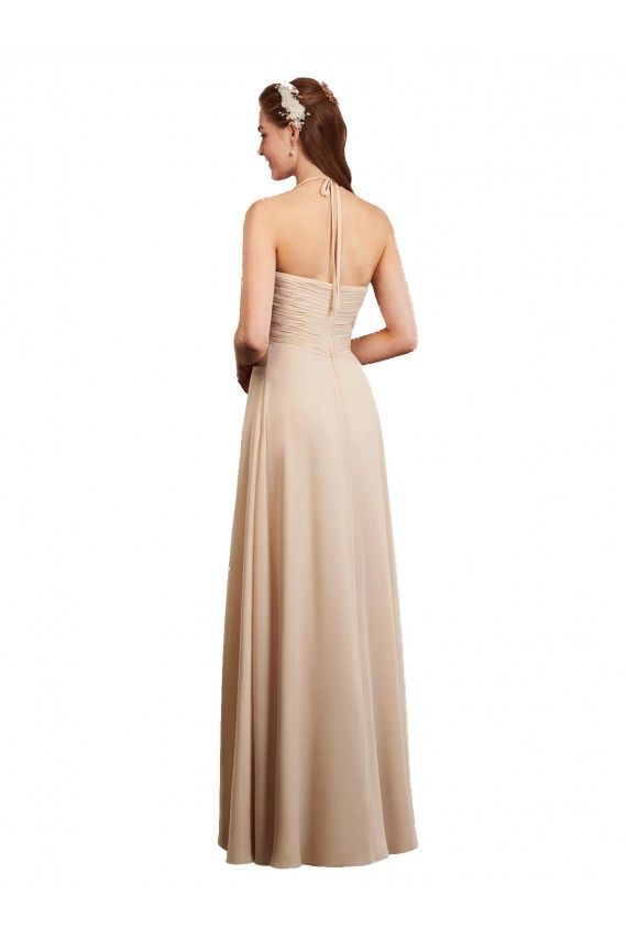 Beste Champagner A-Linien Neckholder Chiffon Lange Brautjungfernkleider