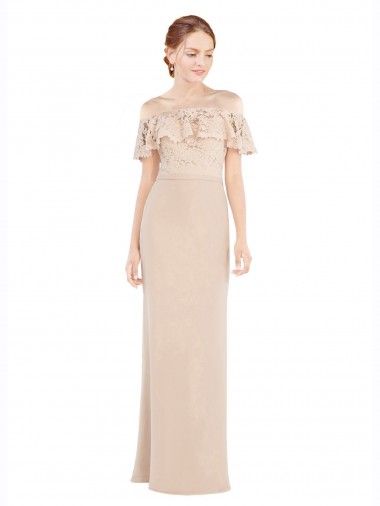 Beste Champagner A-Linien Off-Schulter Chiffon Spitze Lange Brautjungfernkleider / Abiballkleider
