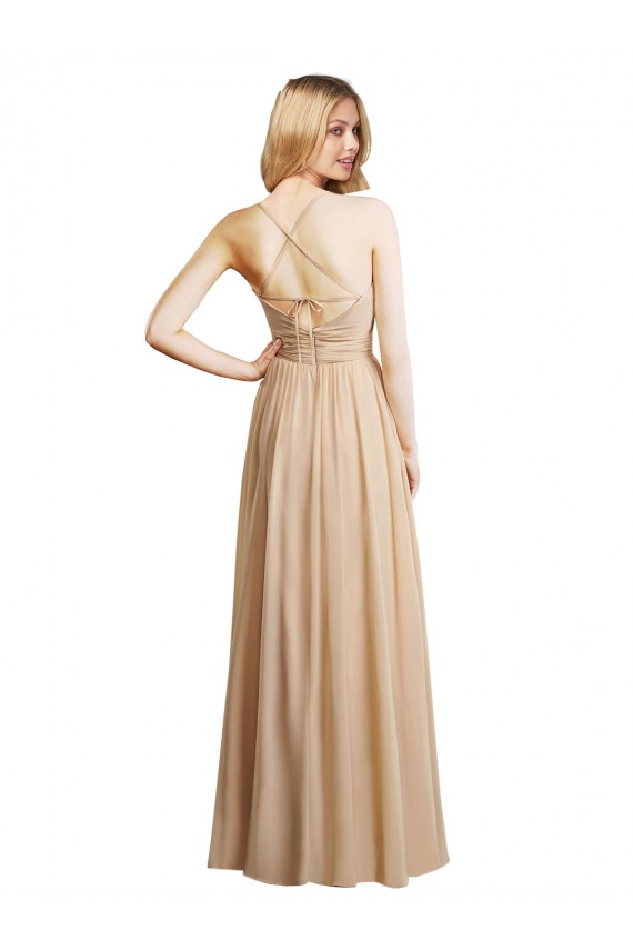 Beste Champagner A-Linien Spaghetti-Träger Chiffon Lange Brautjungfernkleider