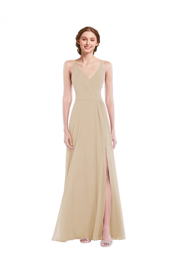 Beste Champagner A-Linien V-Ausschnitt Chiffon Lange Brautjungfernkleider