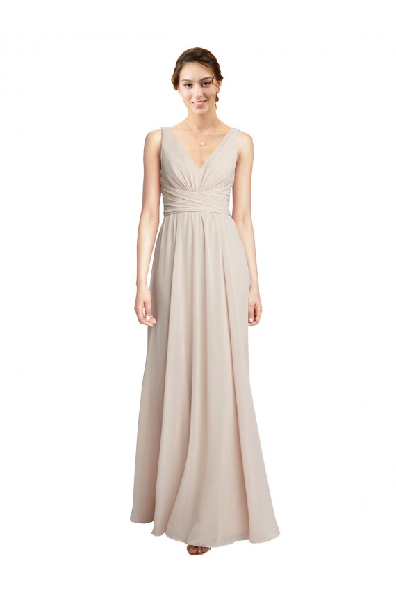 Beste Creme Rosa A-Linien V-Ausschnitt Chiffon Lange Brautjungfernkleider