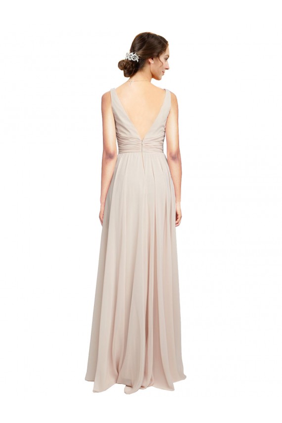 Beste Creme Rosa A-Linien V-Ausschnitt Chiffon Lange Brautjungfernkleider