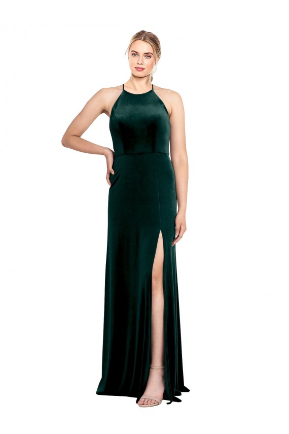 Beste Dunkelgrün A-Linien Spaghetti-Träger Jewel Neck Stretch-Samt Lange Brautjungfernkleider / Abiballkleider