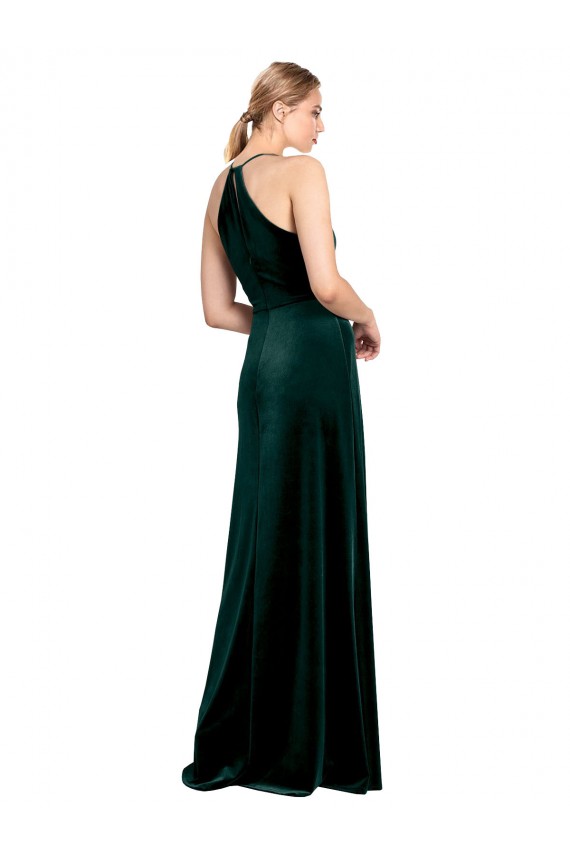 Beste Dunkelgrün A-Linien Spaghetti-Träger Jewel Neck Stretch-Samt Lange Brautjungfernkleider / Abiballkleider