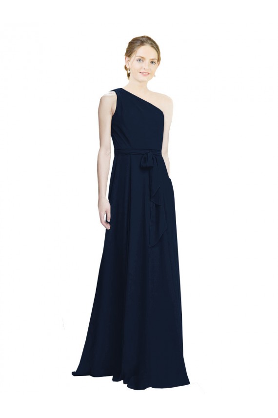 Beste Dunkelmarine A-Linien Eine-Schulter Chiffon Lange Brautjungfernkleider