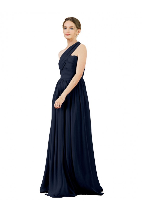 Beste Dunkelmarine A-Linien Eine-Schulter Chiffon Lange Brautjungfernkleider