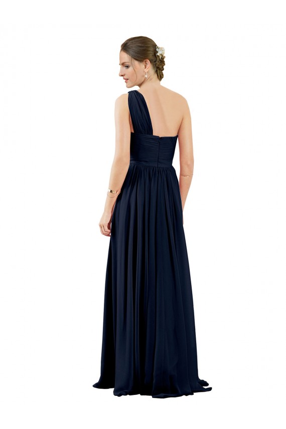 Beste Dunkelmarine A-Linien Eine-Schulter Chiffon Lange Brautjungfernkleider