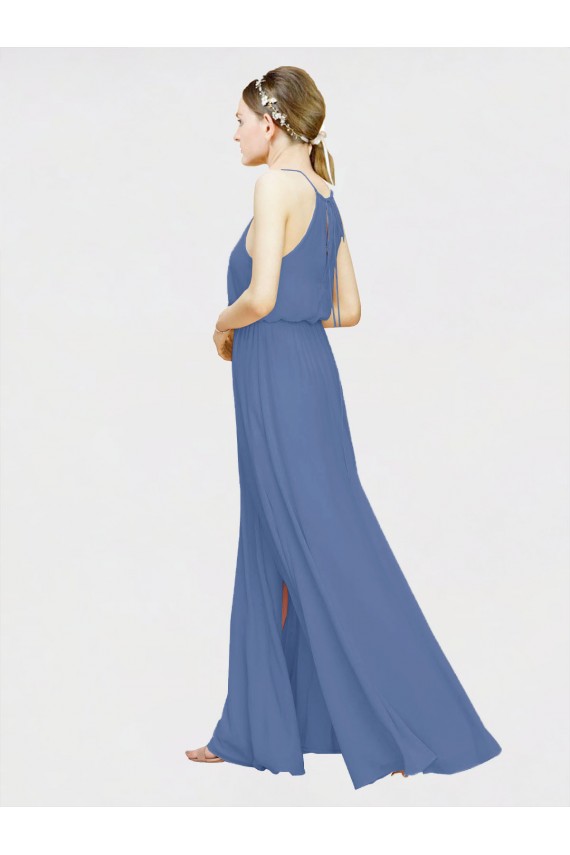 Beste Dunkelmarine A-Linien Neckholder Chiffon Lange Brautjungfernkleider
