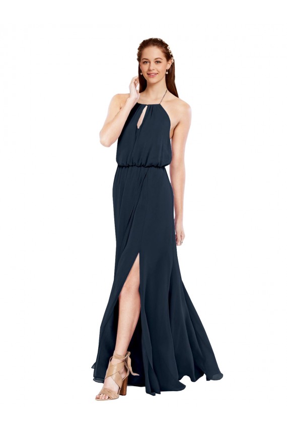 Beste Dunkelmarine A-Linien Neckholder Chiffon Lange Brautjungfernkleider
