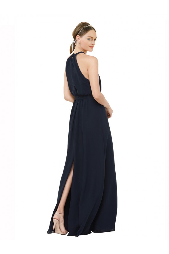 Beste Dunkelmarine A-Linien Neckholder Stehkragen Ausschnitt Chiffon Lange Brautjungfernkleider