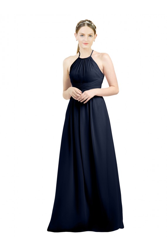 Beste Dunkelmarine A-Linien Neckholder Stehkragen Ausschnitt Chiffon Lange Brautjungfernkleider