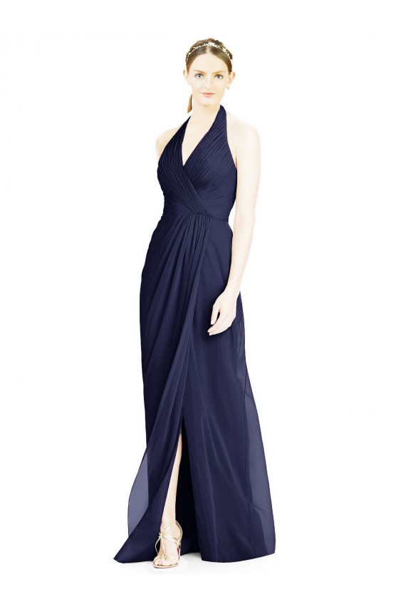 Beste Dunkelmarine A-Linien Neckholder V-Ausschnitt Chiffon Lange Brautjungfernkleider