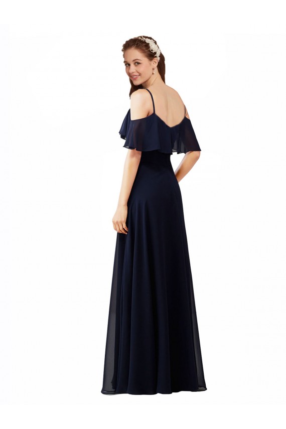 Beste Dunkelmarine A-Linien Off-Schulter V-Ausschnitt Chiffon Lange Brautjungfernkleider