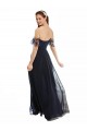 Beste Dunkelmarine A-Linien Off-Schulter V-Ausschnitt Chiffon Spitze Lange Brautjungfernkleider