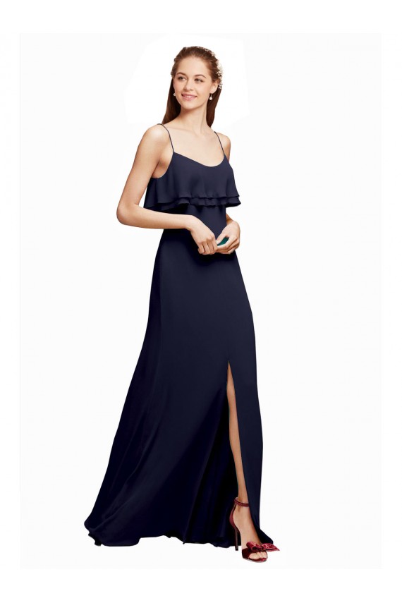 Beste Dunkelmarine A-Linien Spaghetti-Träger Scoop Chiffon Lange Brautjungfernkleider