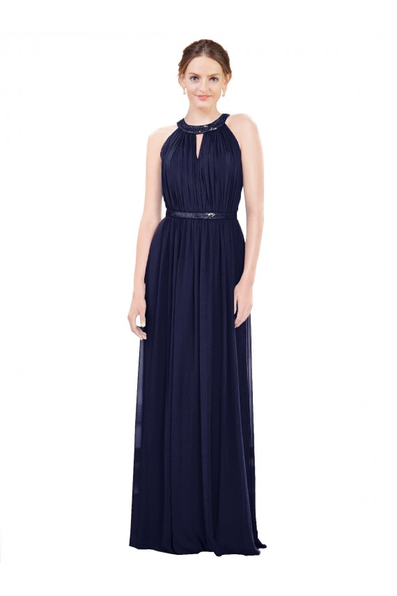 Beste Dunkelmarine A-Linien Stehkragen Ausschnitt Chiffon Lange Brautjungfernkleider