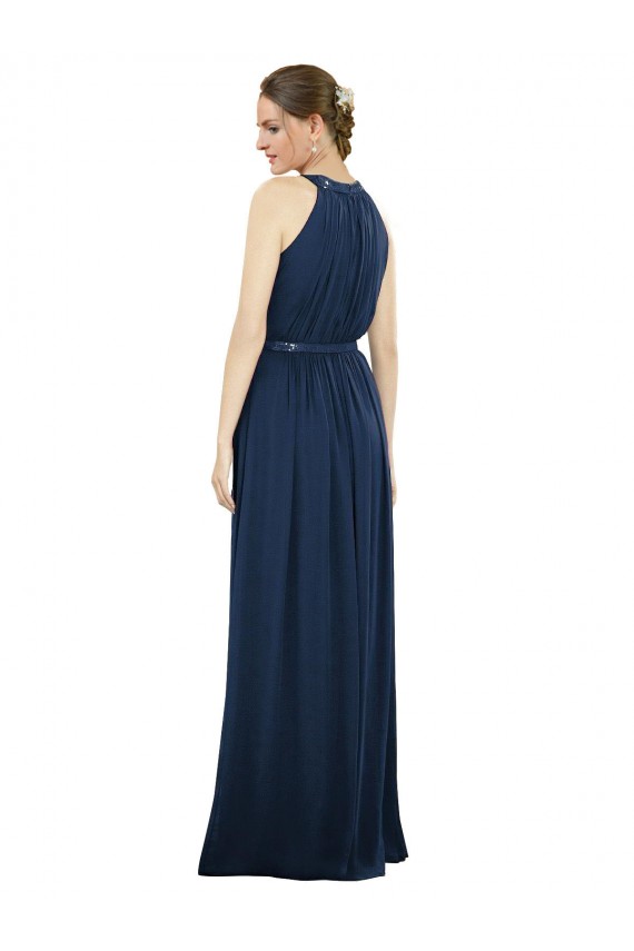 Beste Dunkelmarine A-Linien Stehkragen Ausschnitt Chiffon Lange Brautjungfernkleider