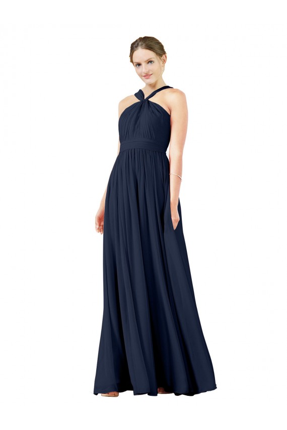 Beste Dunkelmarine A-Linien V-Ausschnitt Chiffon Lange Brautjungfernkleider