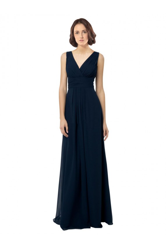 Beste Dunkelmarine A-Linien V-Ausschnitt Chiffon Lange Brautjungfernkleider