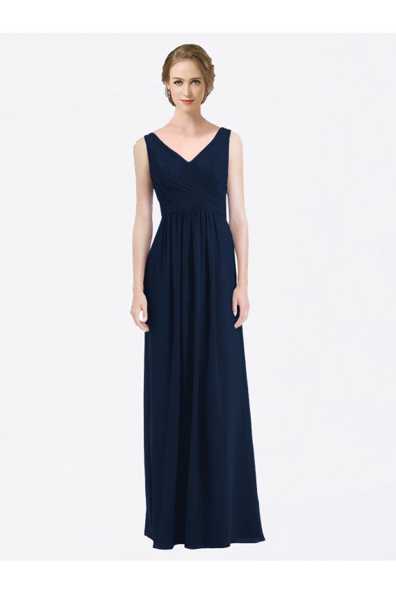 Beste Dunkelmarine A-Linien V-Ausschnitt Chiffon Lange Brautjungfernkleider