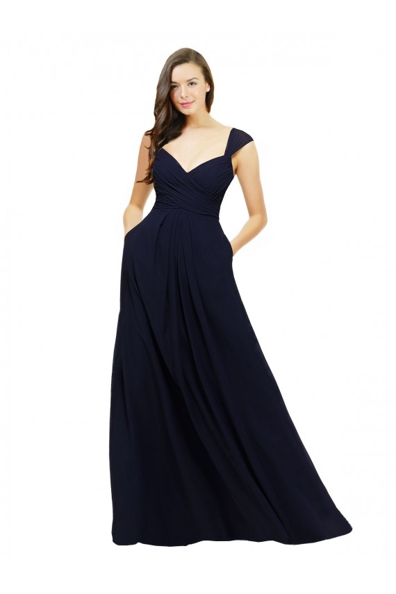 Beste Dunkelmarine A-Linien V-Ausschnitt Chiffon Lange Brautjungfernkleider