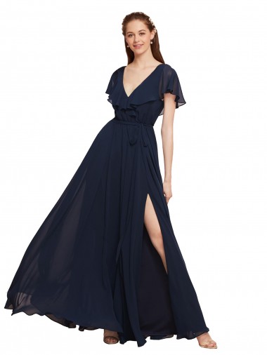 Beste Dunkelmarine A-Linien V-Ausschnitt Chiffon Lange Brautjungfernkleider