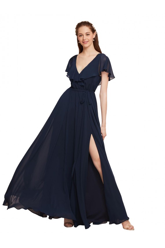 Beste Dunkelmarine A-Linien V-Ausschnitt Chiffon Lange Brautjungfernkleider