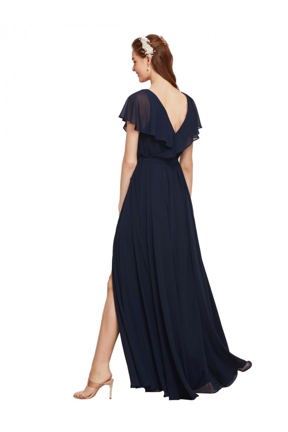 Beste Dunkelmarine A-Linien V-Ausschnitt Chiffon Lange Brautjungfernkleider
