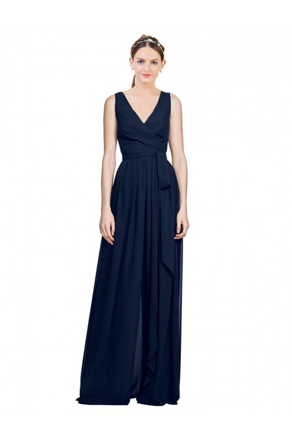 Beste Dunkelmarine A-Linien V-Ausschnitt Chiffon Lange Brautjungfernkleider