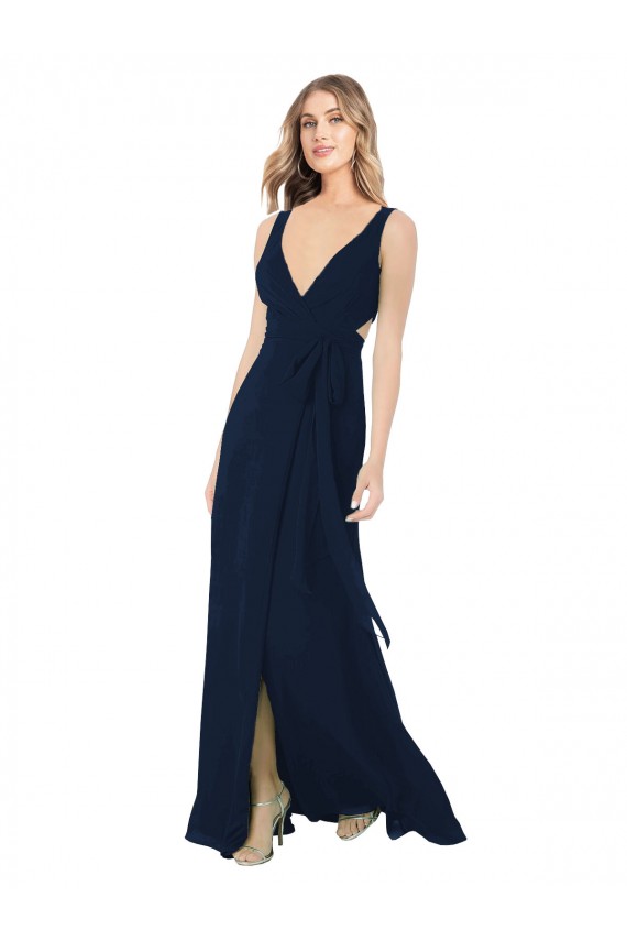 Beste Dunkelmarine A-Linien V-Ausschnitt Chiffon Lange Brautjungfernkleider