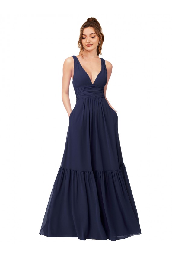 Beste Dunkelmarine A-Linien V-Ausschnitt Chiffon Lange Brautjungfernkleider
