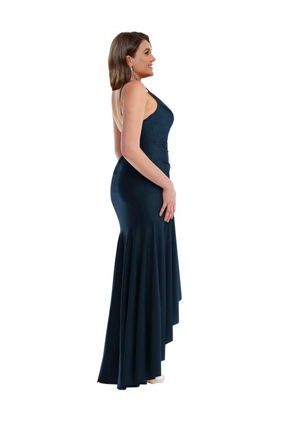 Beste Dunkelmarine Meerjungfrau Spaghetti-Träger Seidiger Satin Lange Formale Brautjungfernkleider / Abendkleider / Abiballkleider