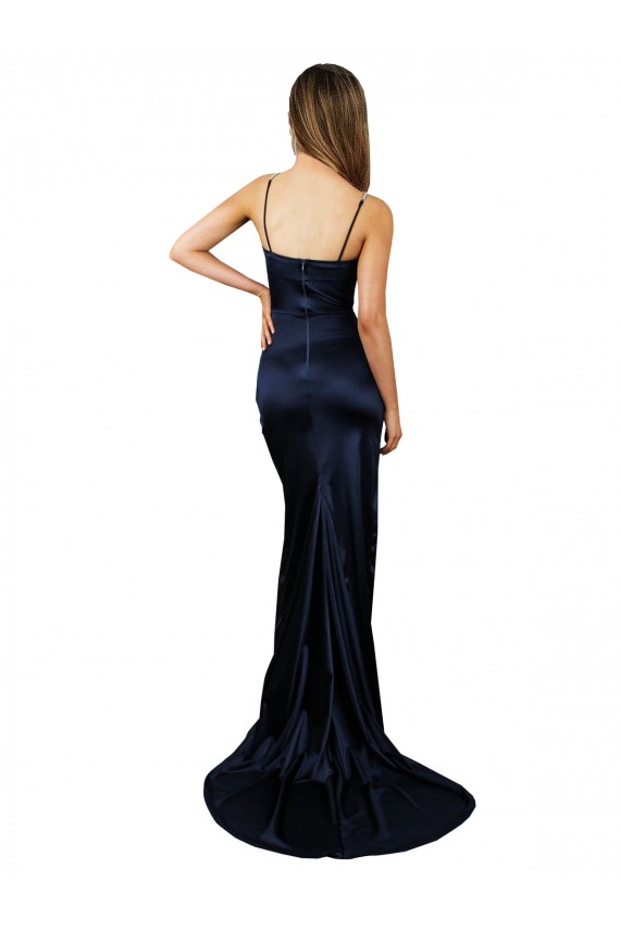 Beste Dunkelmarine Meerjungfrau Stretch-Satin Lange Formale Brautjungfernkleider / Abendkleider / Abiballkleider