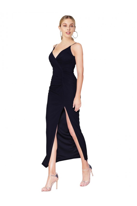 Beste Dunkelmarine Meerjungfrau V-Ausschnitt Knielang Chiffon Kurze Formale Brautjungfernkleider / Abendkleider / Abiballkleider / Cocktailkleider / Heimkehr Kleider