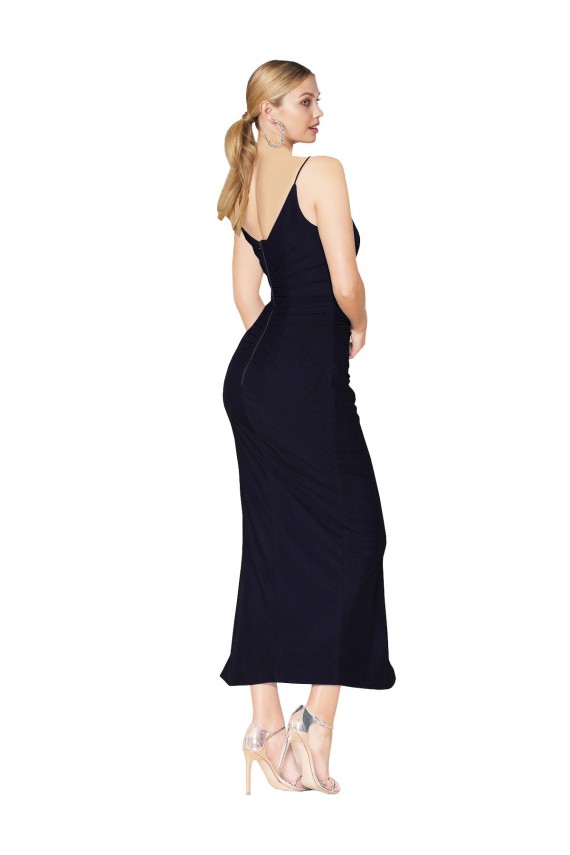 Beste Dunkelmarine Meerjungfrau V-Ausschnitt Knielang Chiffon Kurze Formale Brautjungfernkleider / Abendkleider / Abiballkleider / Cocktailkleider / Heimkehr Kleider