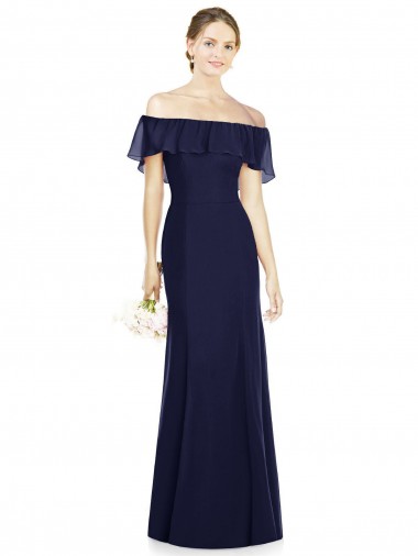 Beste Dunkelmarine Trompete Off-Schulter Chiffon Lange Brautjungfernkleider