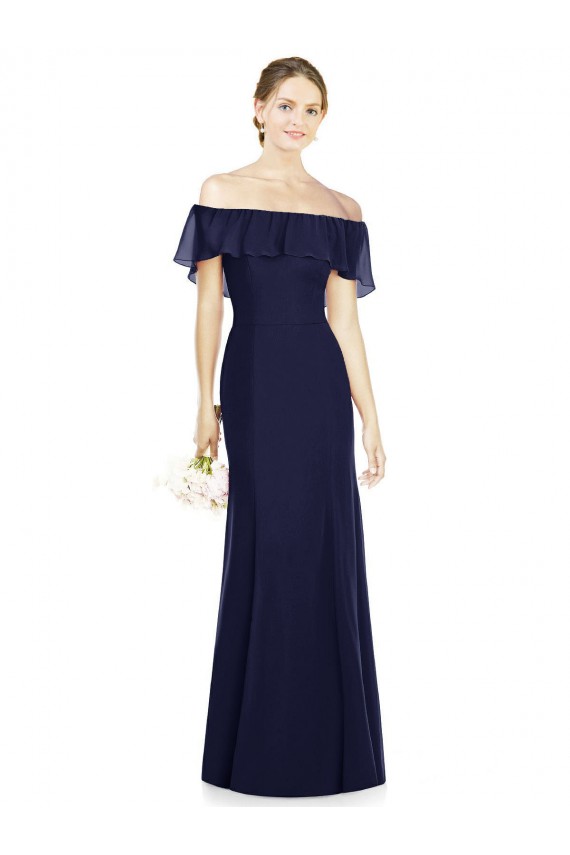 Beste Dunkelmarine Trompete Off-Schulter Chiffon Lange Brautjungfernkleider