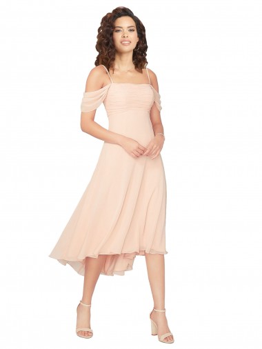 Beste Eisrosa A-Linien Quadrat Ausschnitt Midi Chiffon Kurze Brautjungfernkleider