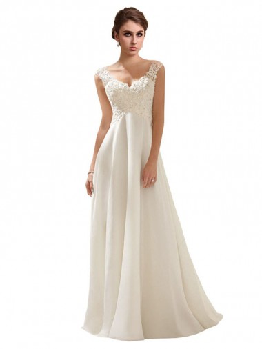 Beste Elfenbein A-Linien V-Ausschnitt Sweep Zug Chiffon Spitze Brautkleider
