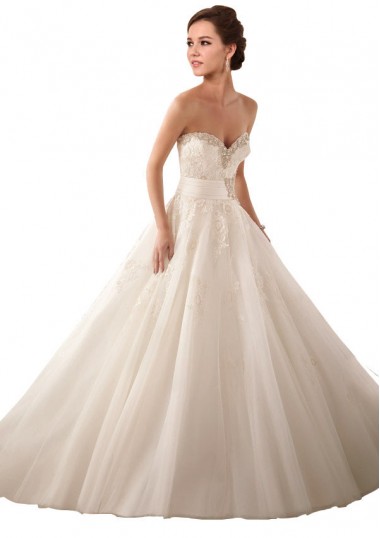 Beste Elfenbein Prinzessin Kapelle-schleppe Satin Tüll Spitze Brautkleider