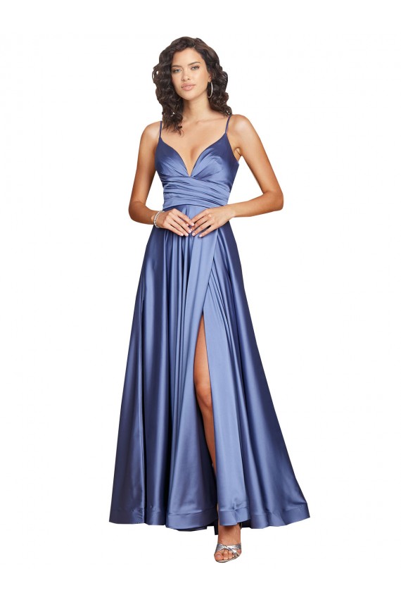 Beste Französisch Blau A-Linien Spaghetti-Träger Seidiger Satin Lange Formale Brautjungfernkleider / Abendkleider / Abiballkleider