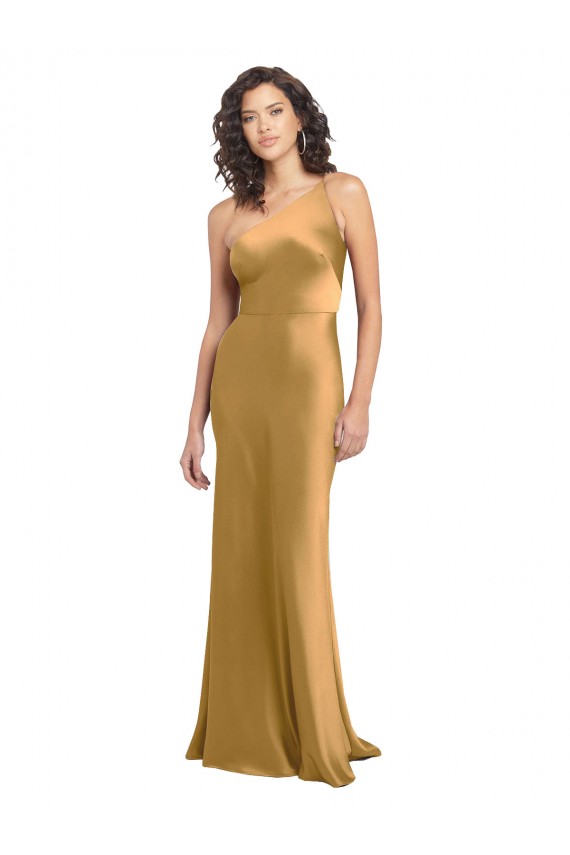 Beste Gold A-Linien Eine-Schulter Stretch-Satin Lange Formale Brautjungfernkleider / Abendkleider / Abiballkleider
