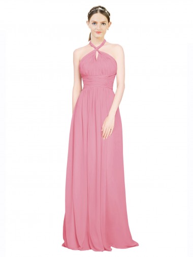 Beste Hautrosa A-Linien Neckholder V-Ausschnitt Chiffon Lange Brautjungfernkleider
