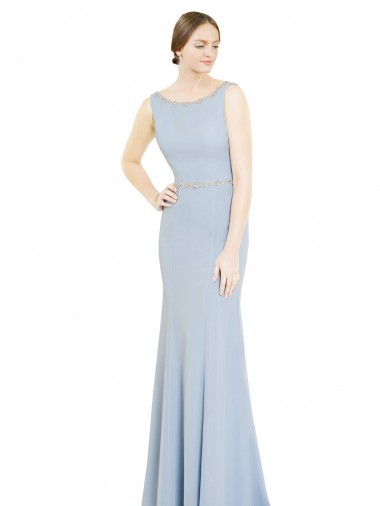 Beste Helles Himmelblau A-Linien Bootshals Stehkragen Ausschnitt Chiffon Lange Brautjungfernkleider