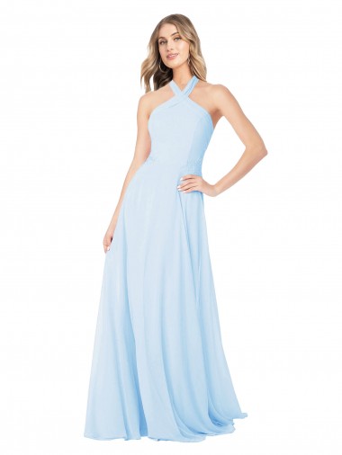 Beste Helles Himmelblau A-Linien Neckholder Stehkragen Ausschnitt Chiffon Lange Brautjungfernkleider