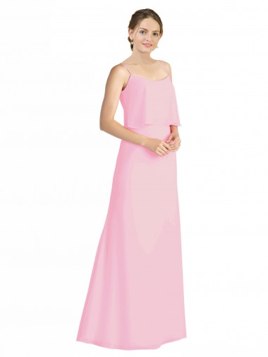 Beste Kaum Rosa A-Linien Spaghetti-Träger Chiffon Lange Brautjungfernkleider